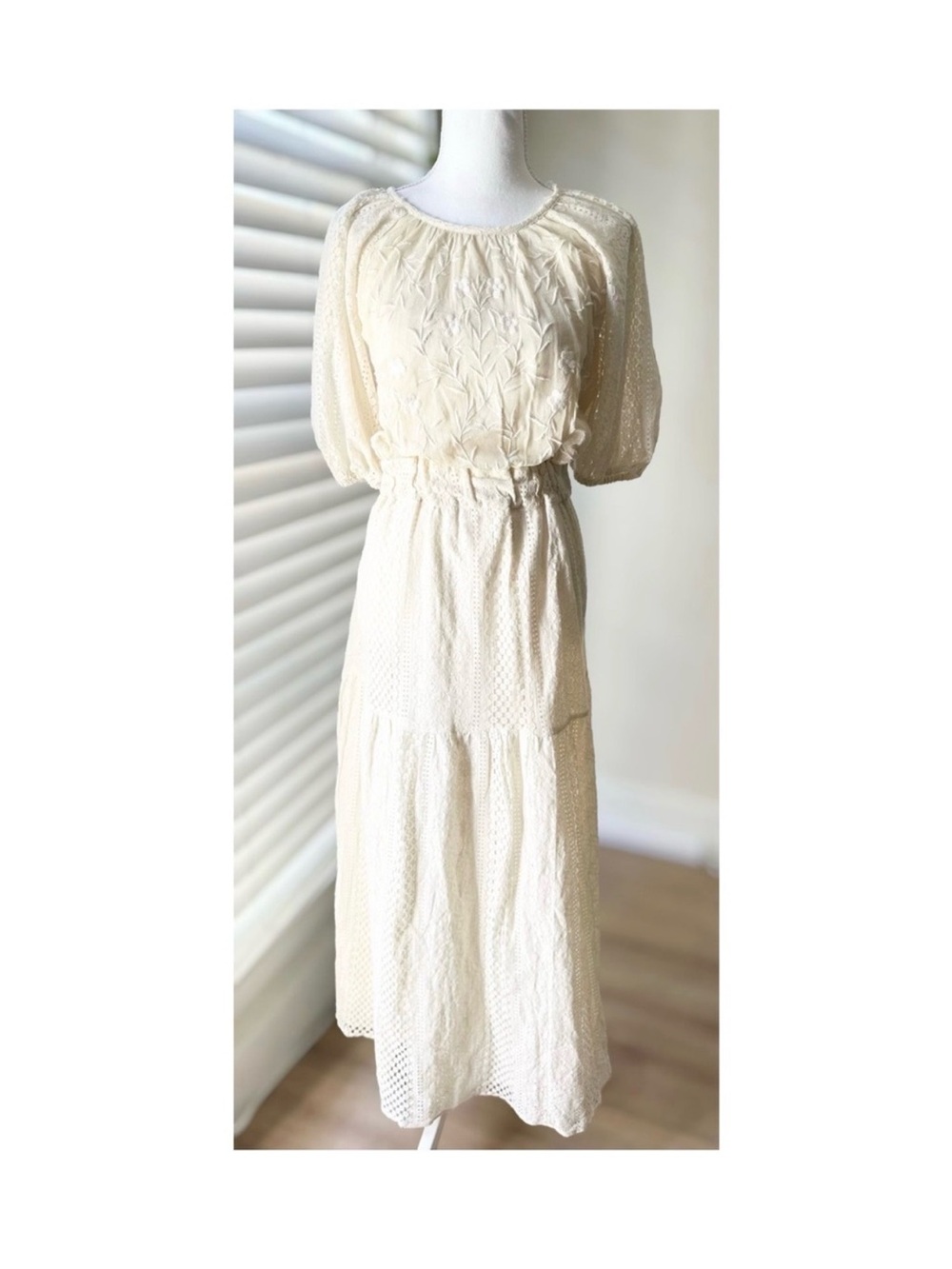 Anthropologie Cream Embroidered Puff-Sleeve Maxi Dress